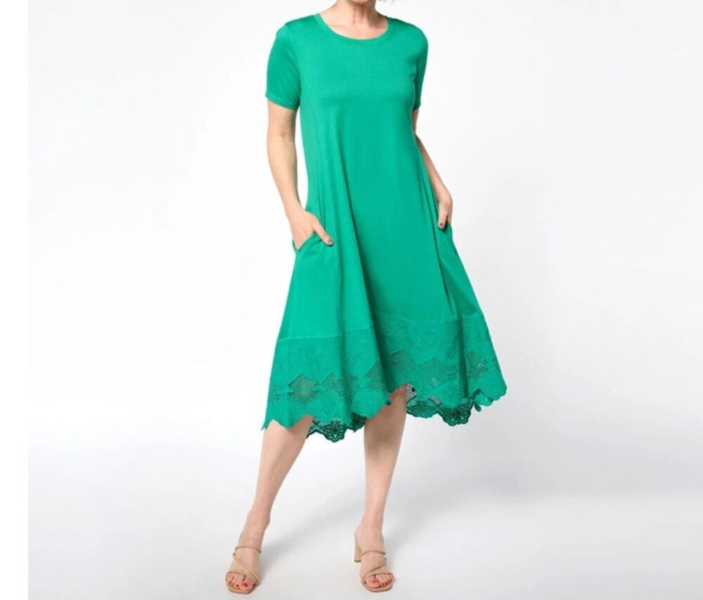 Logo Lavish Lori Goldstein dress S knit Battenburg lace hem pockets Kelly green